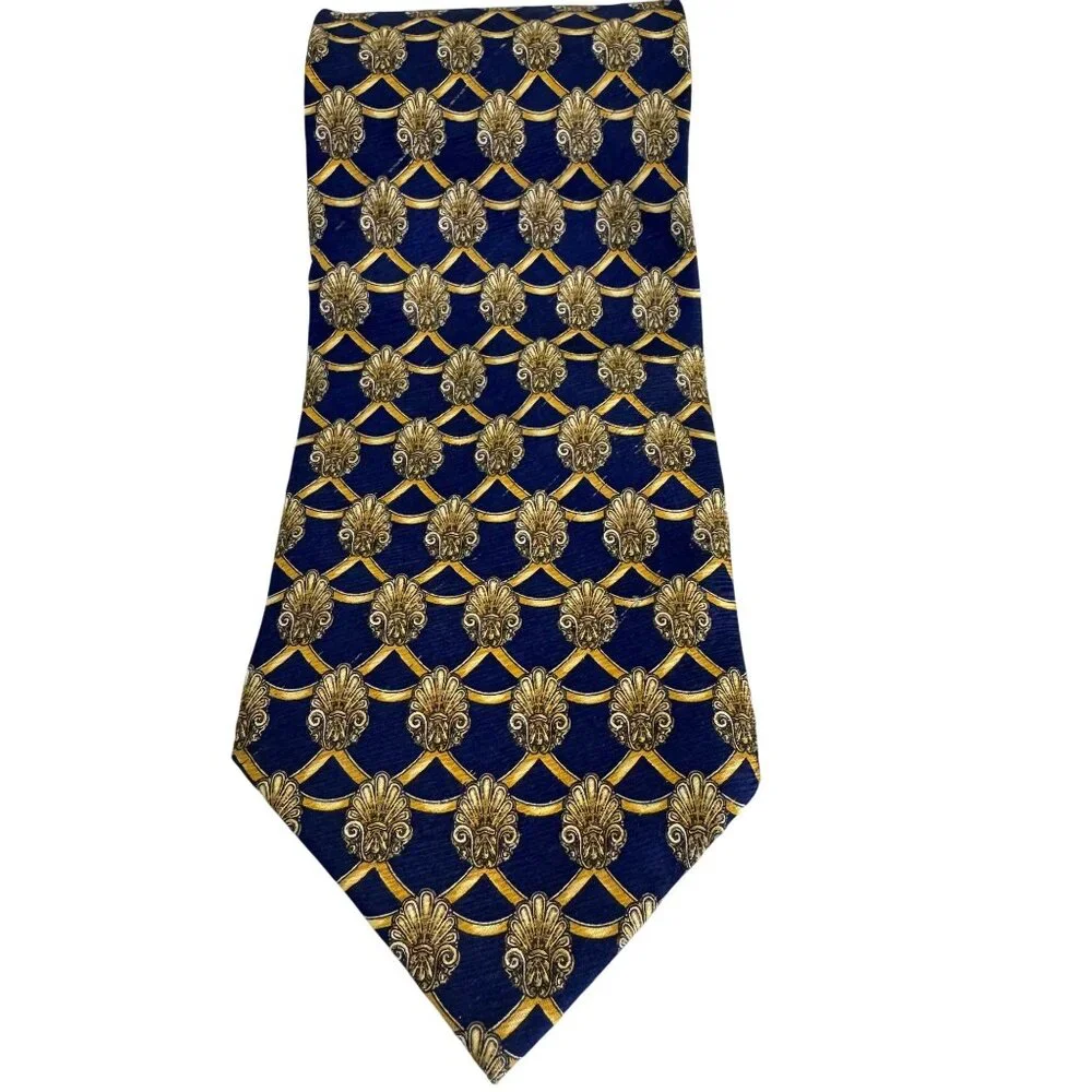 Vintage Valentino Men's Cravatte Blue Gold Chain/Geometric Print 100% Silk 60" - Picture 1 of 6